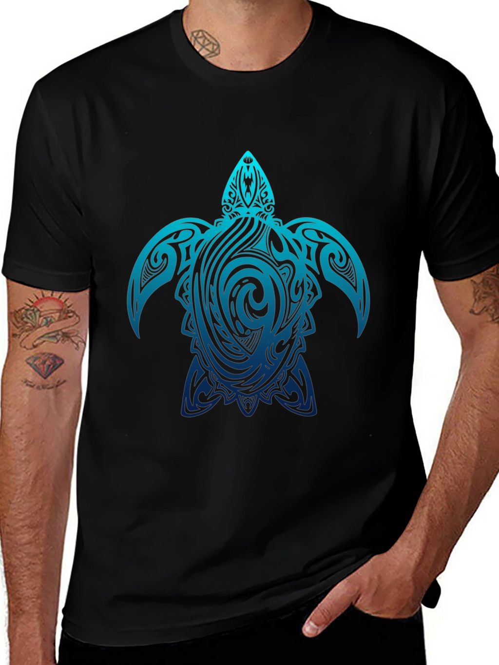 Mens Black T-Shirt with Blue Turtle Tribal Design