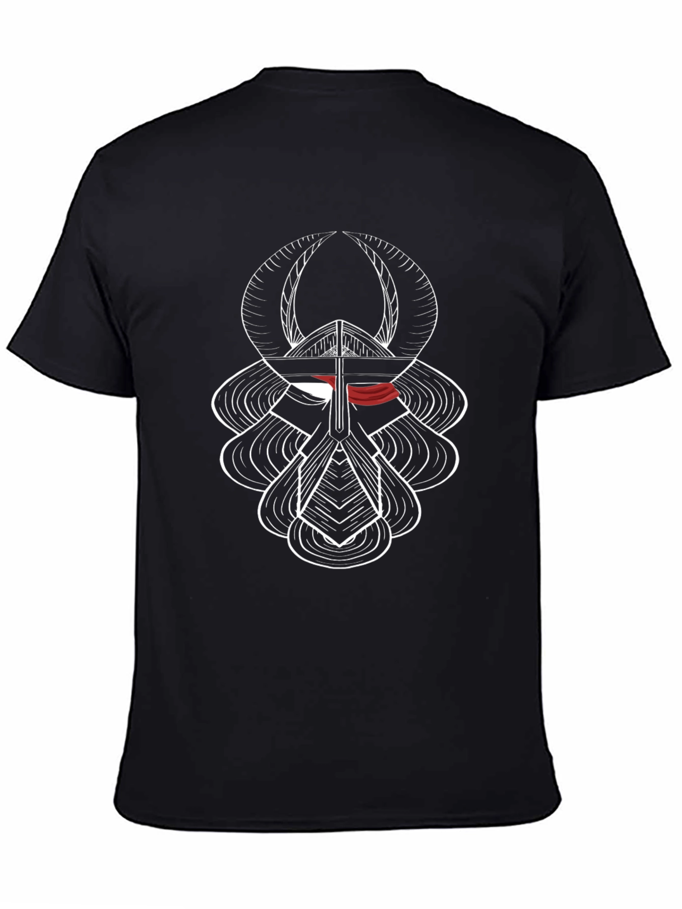 Abstract Graphic Tee - Viking Helmet Design Black Cotton T-Shirt