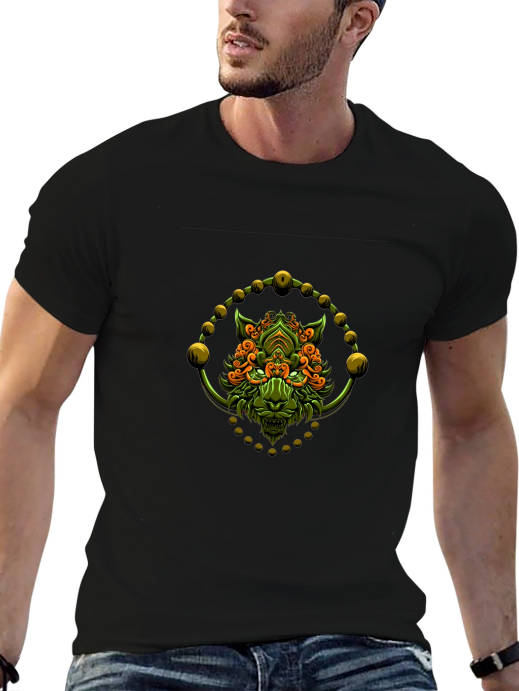 Green Oni Demon Graphic Black T-Shirt