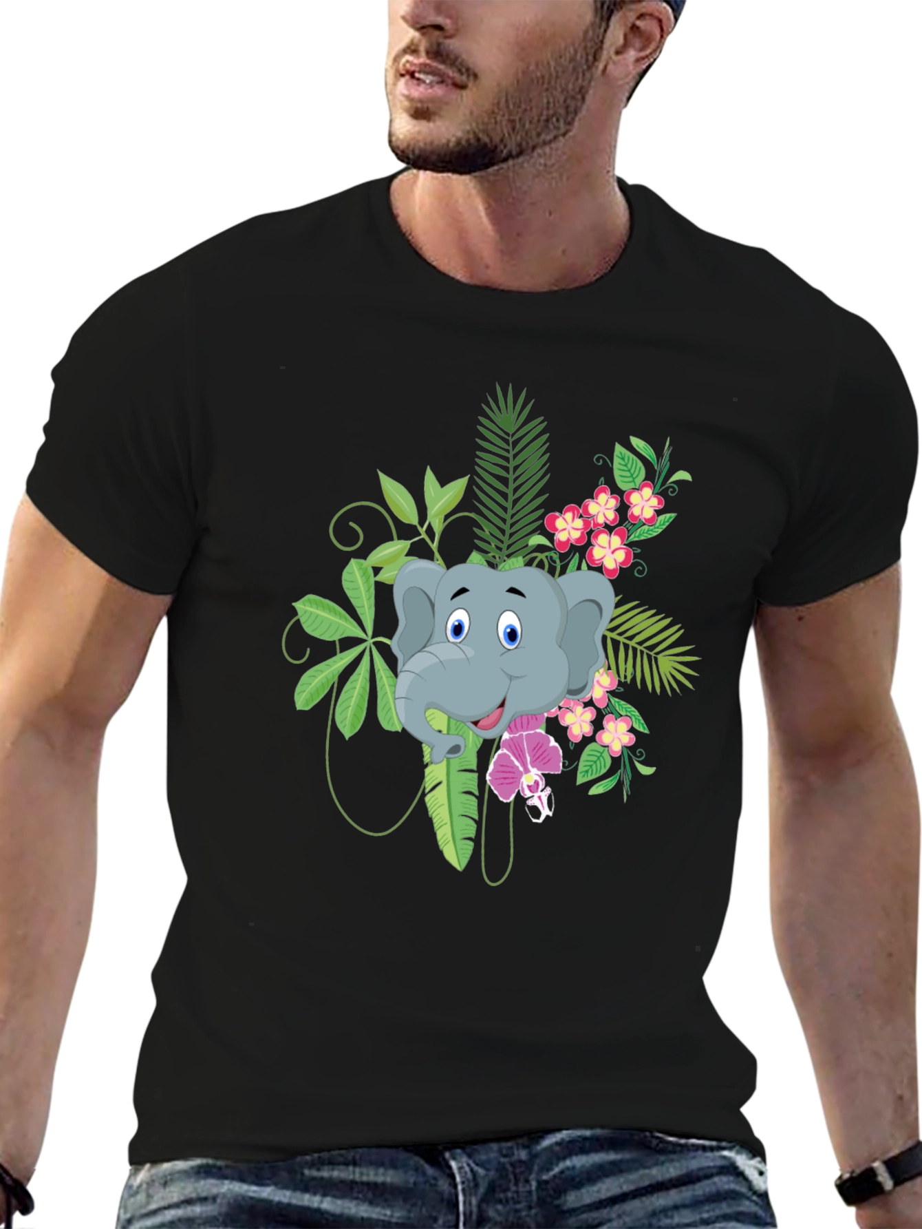 Elephant Graphic T-Shirt - Tropical Style - Black