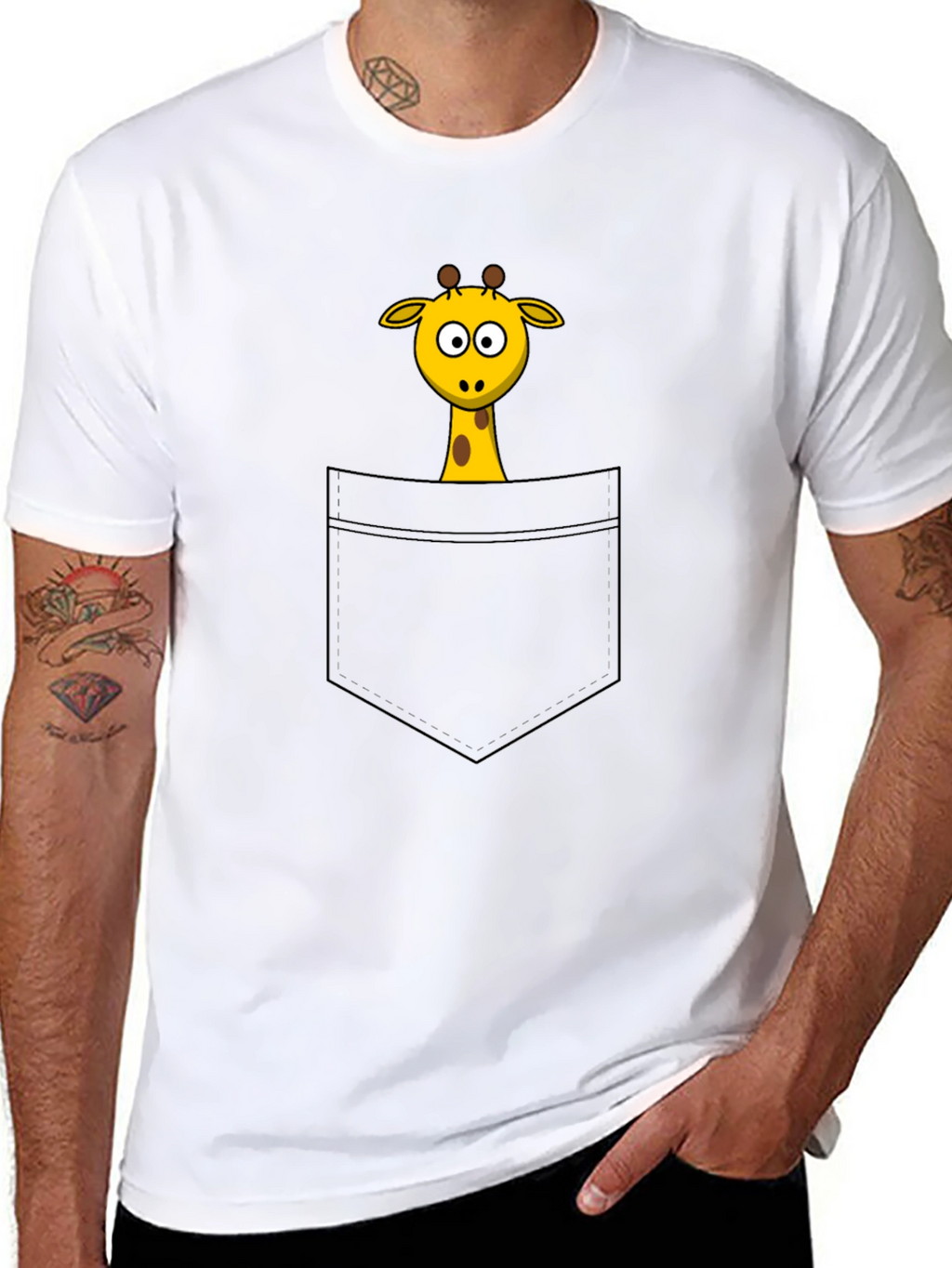 Cartoon Giraffe Pocket Print Black T-Shirt