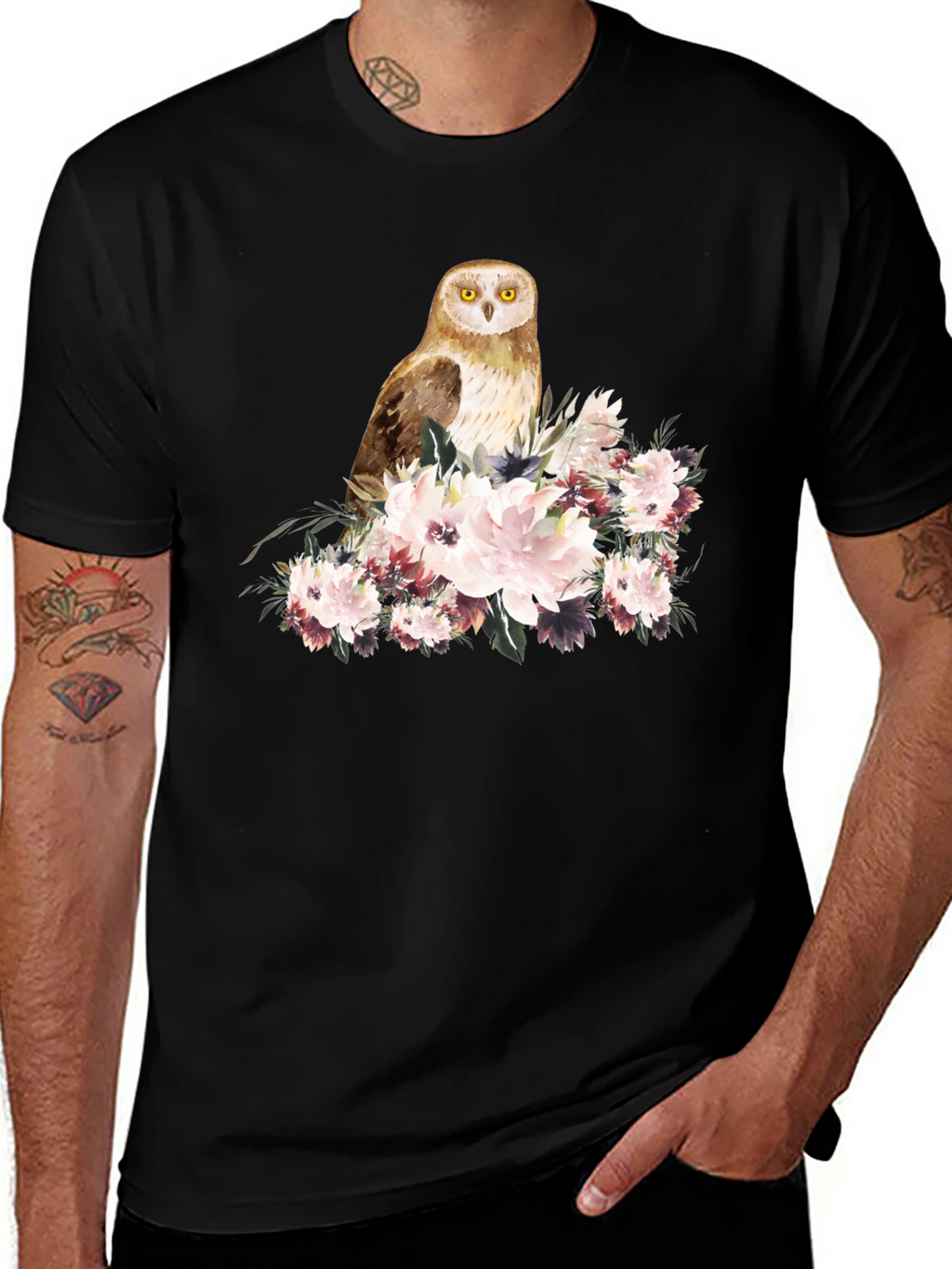 Owl and Floral Black T-Shirt