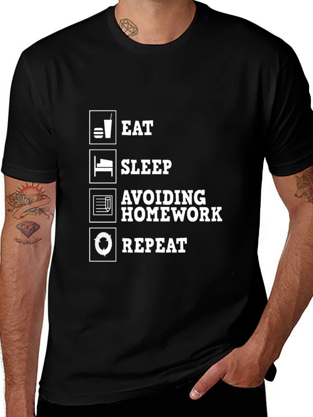 Eat Sleep Avoiding Homework Repeat Black Graphic Tee