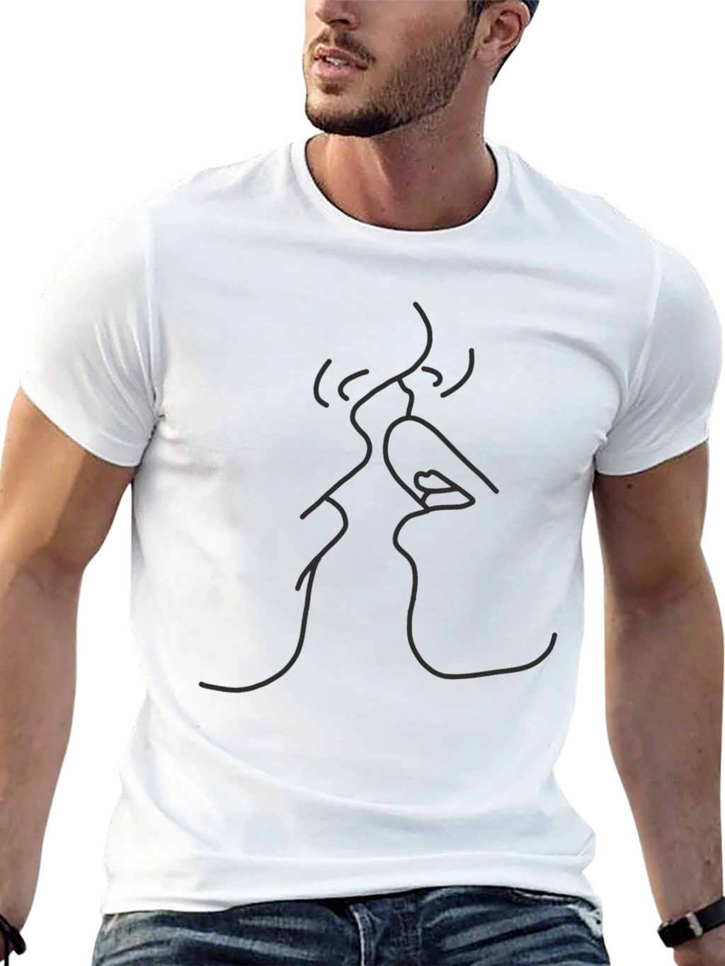 Minimalist Kiss Line Art Black T-Shirt