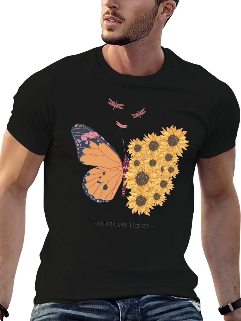 Summer Butterfly Sunflower Graphic T-Shirt