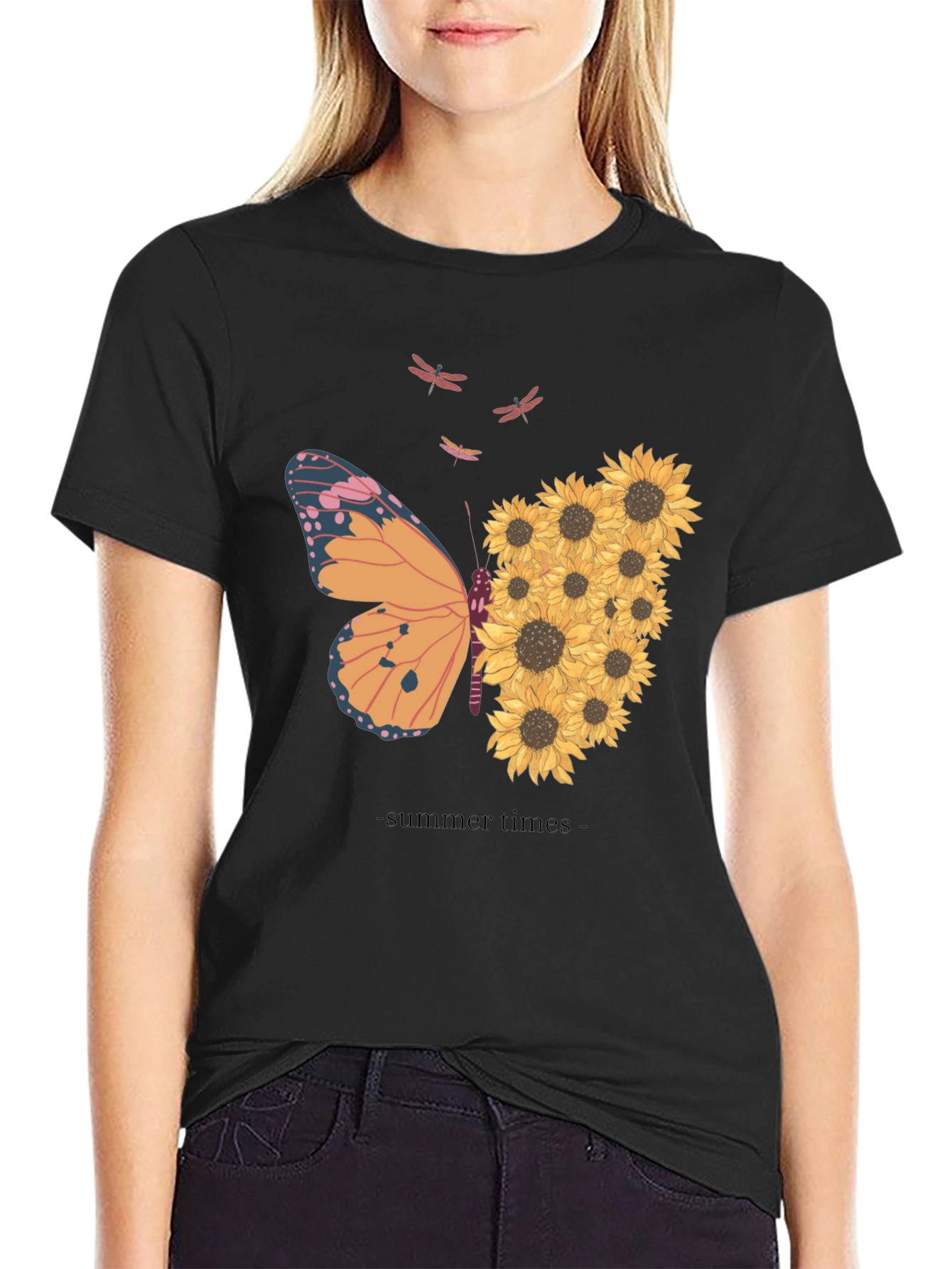 Summer Butterfly Sunflower Graphic T-Shirt