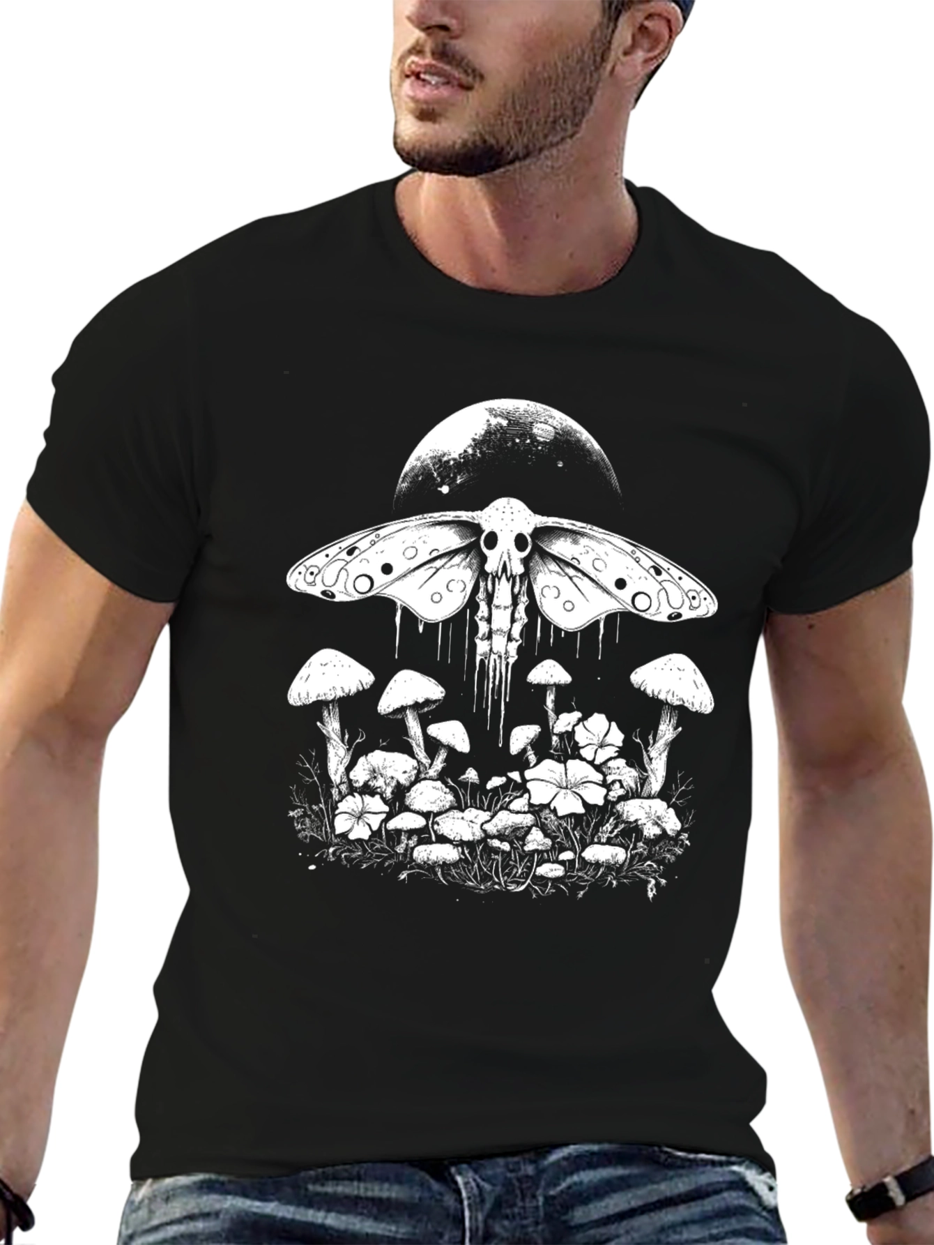 Moth Skull Graphic Tee - Moon & Mushroom Design