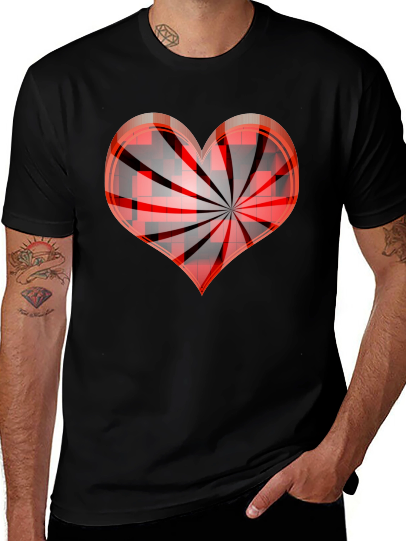 Red Swirl Heart Graphic Tee - Stylish Mens Black T-Shirt