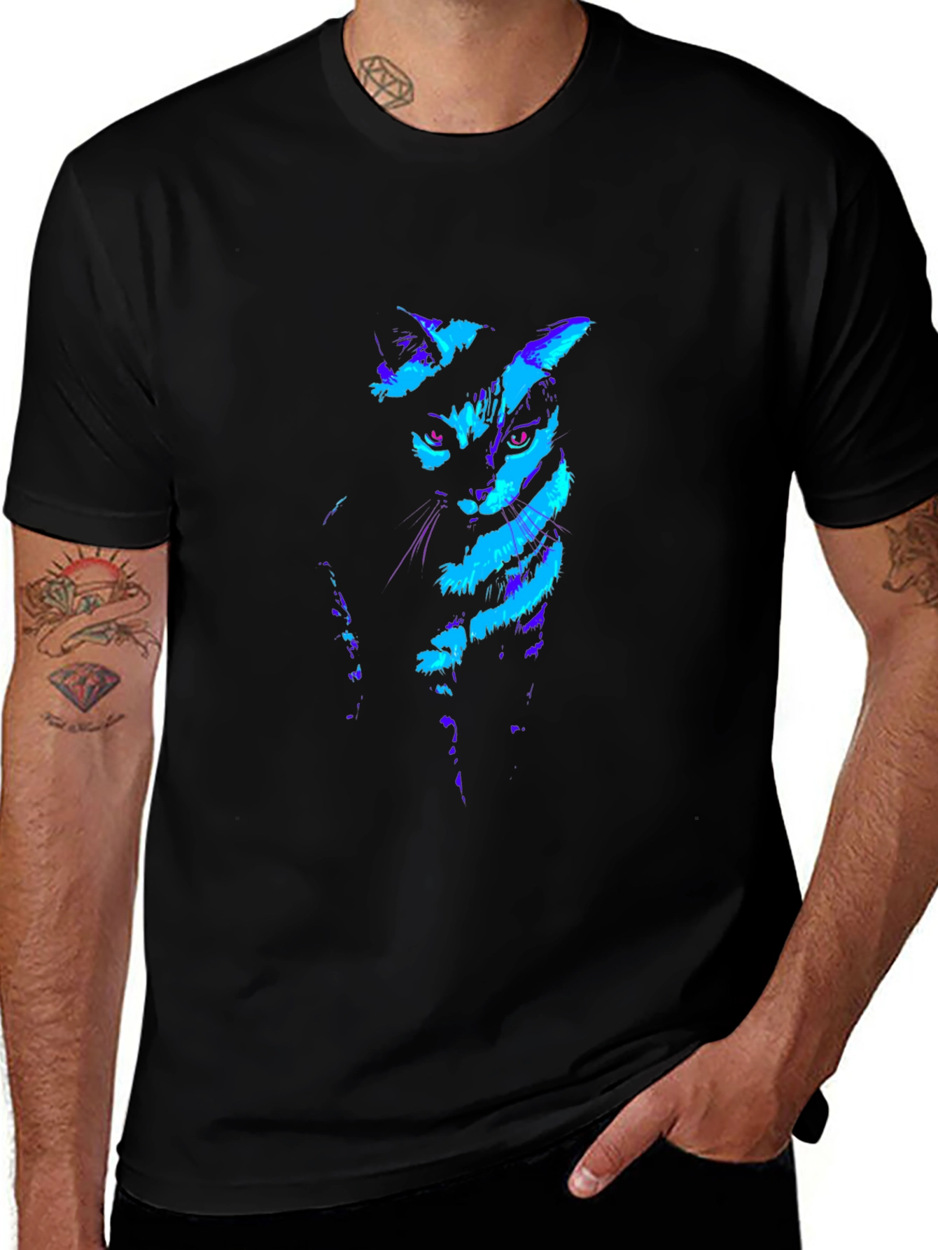 Neon Cat Graphic Black T-Shirt