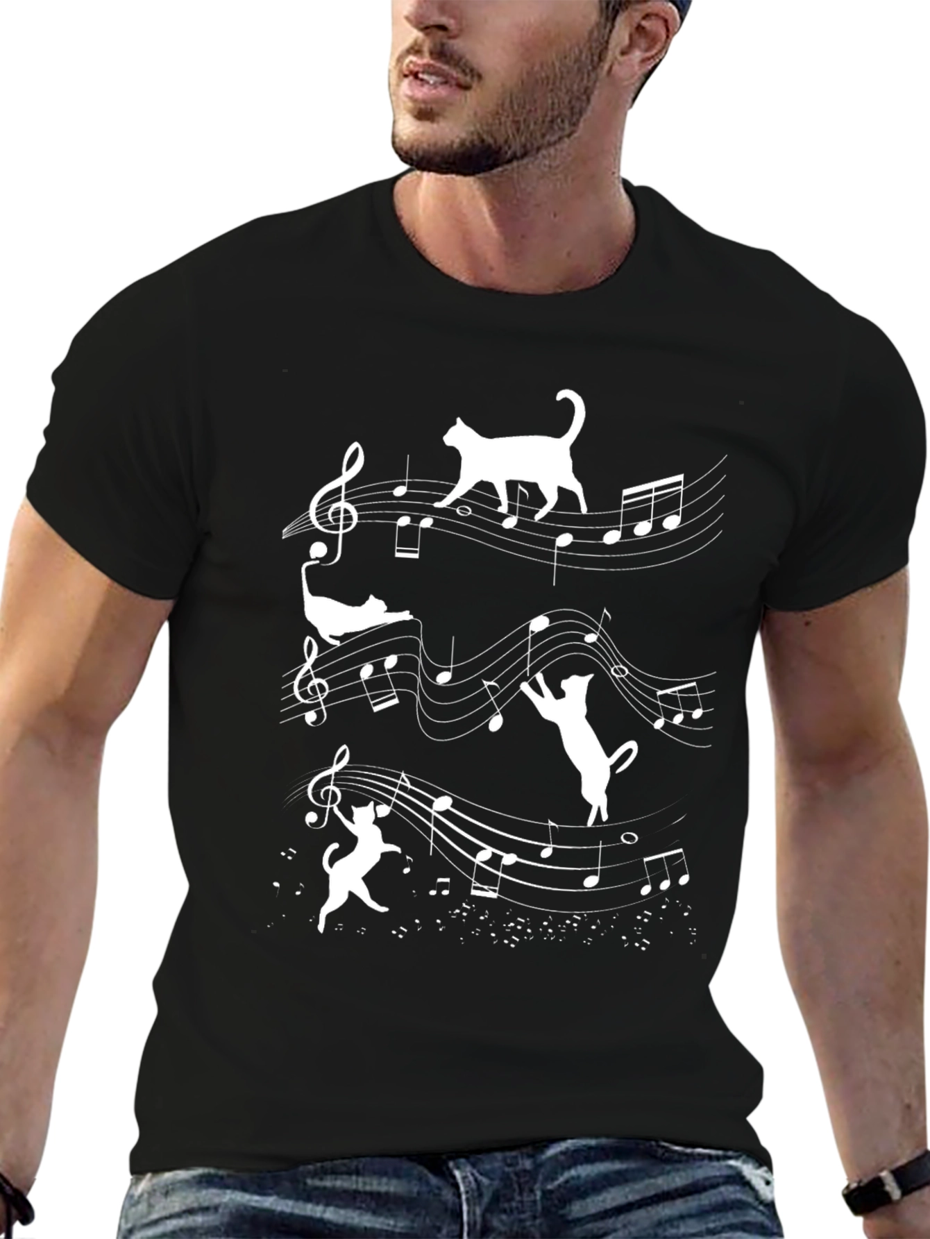 Musical Cats Graphic Tee - Black Cotton T-Shirt