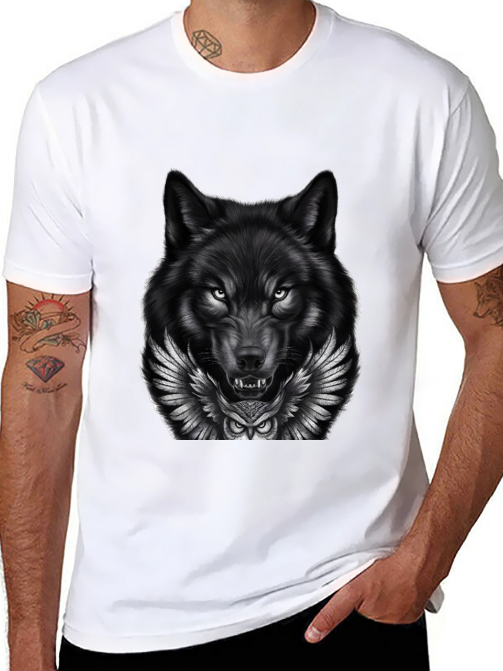 Wolf & Owl Graphic Print Mens Black T-Shirt