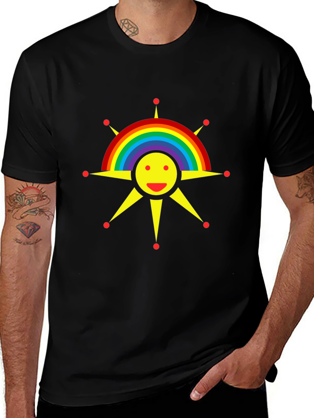 Rainbow Sun Graphic Tee - Black Cotton T-Shirt