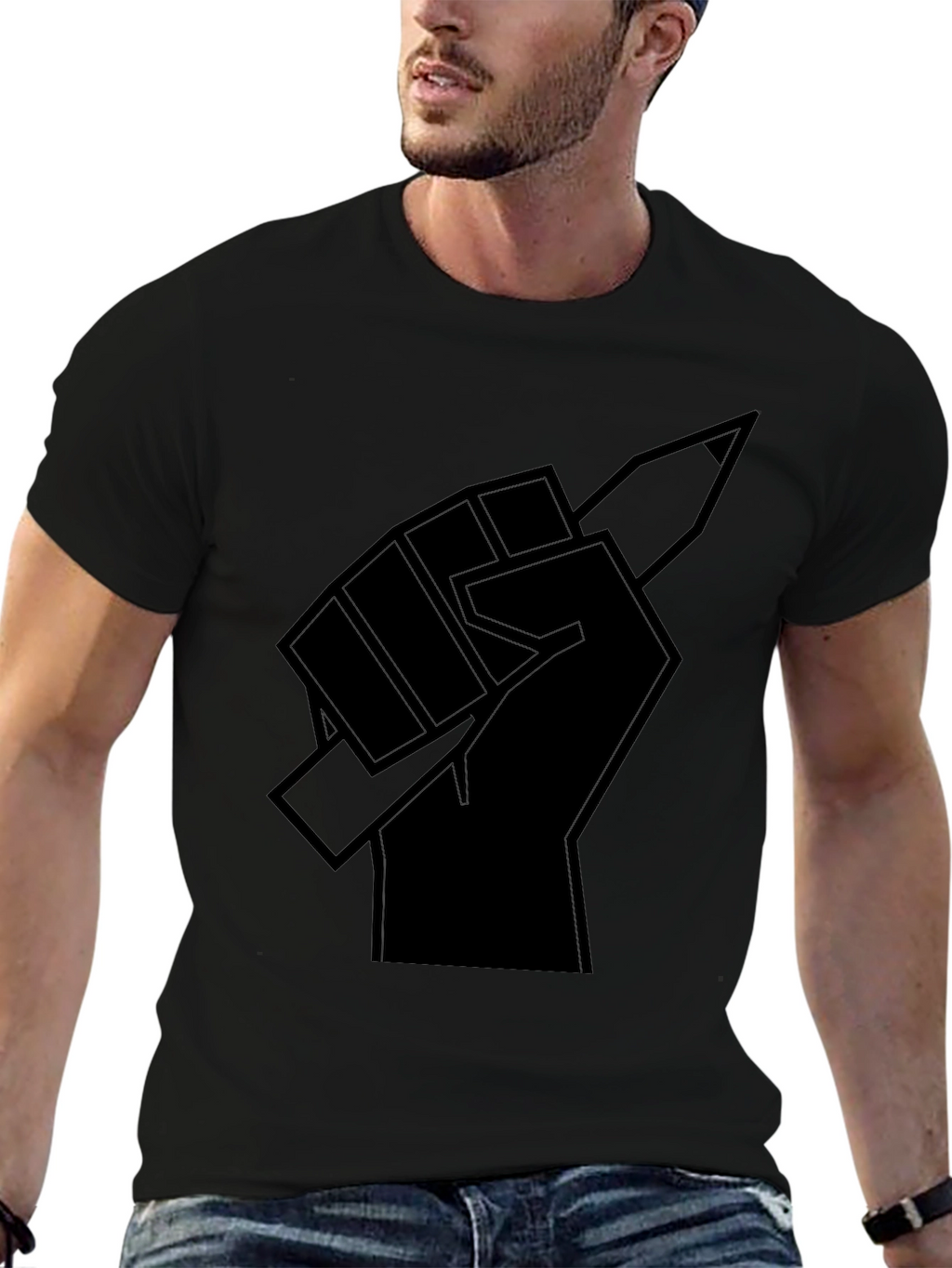 Fist Holding Pencil Graphic T-Shirt - Black
