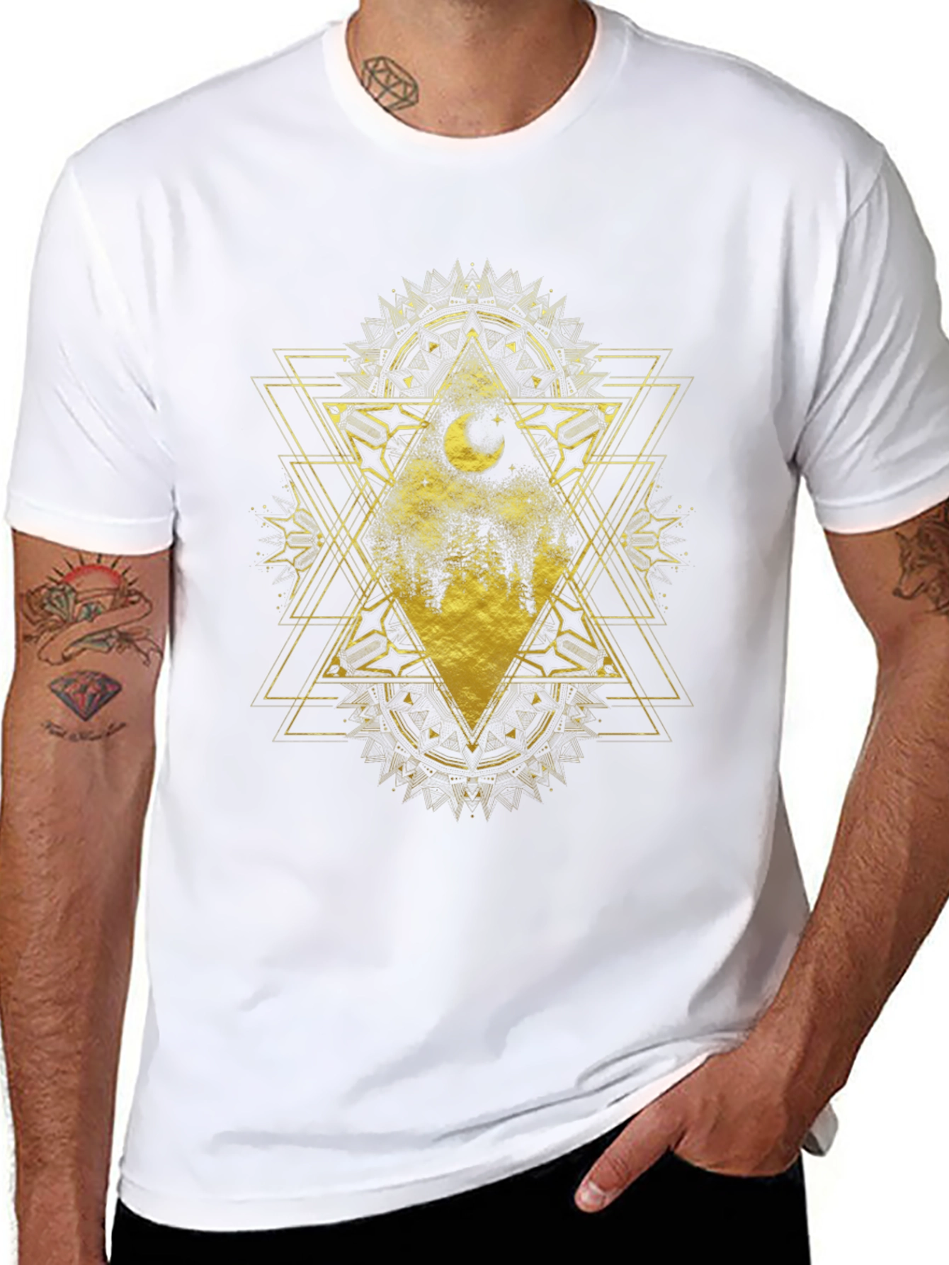 Geometric Moon Forest Graphic Tee - Black