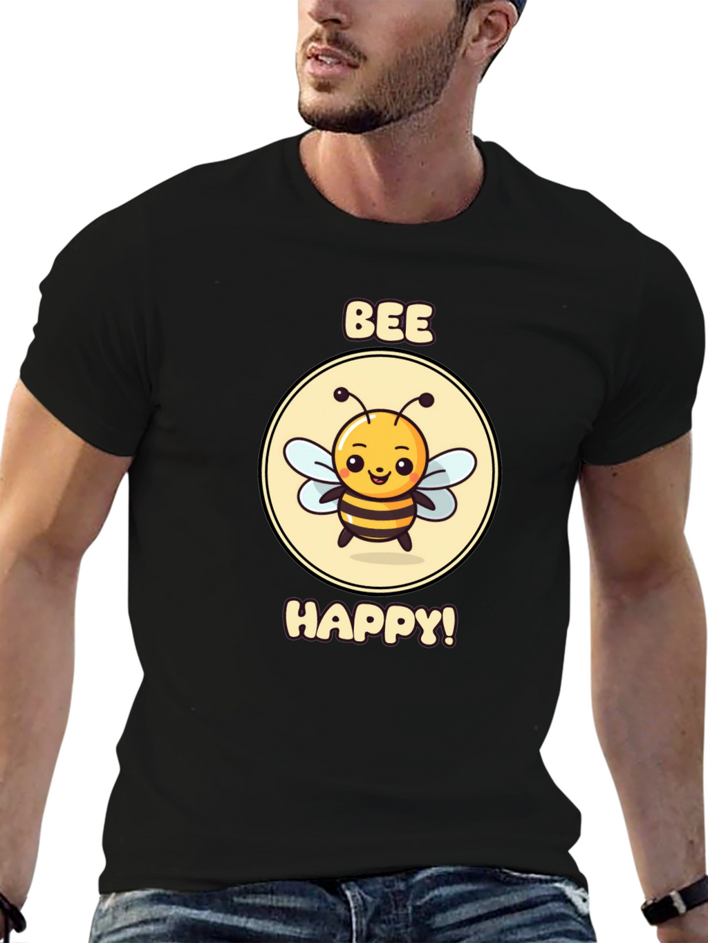 Bee Happy Graphic Tee - Black Cotton T-Shirt