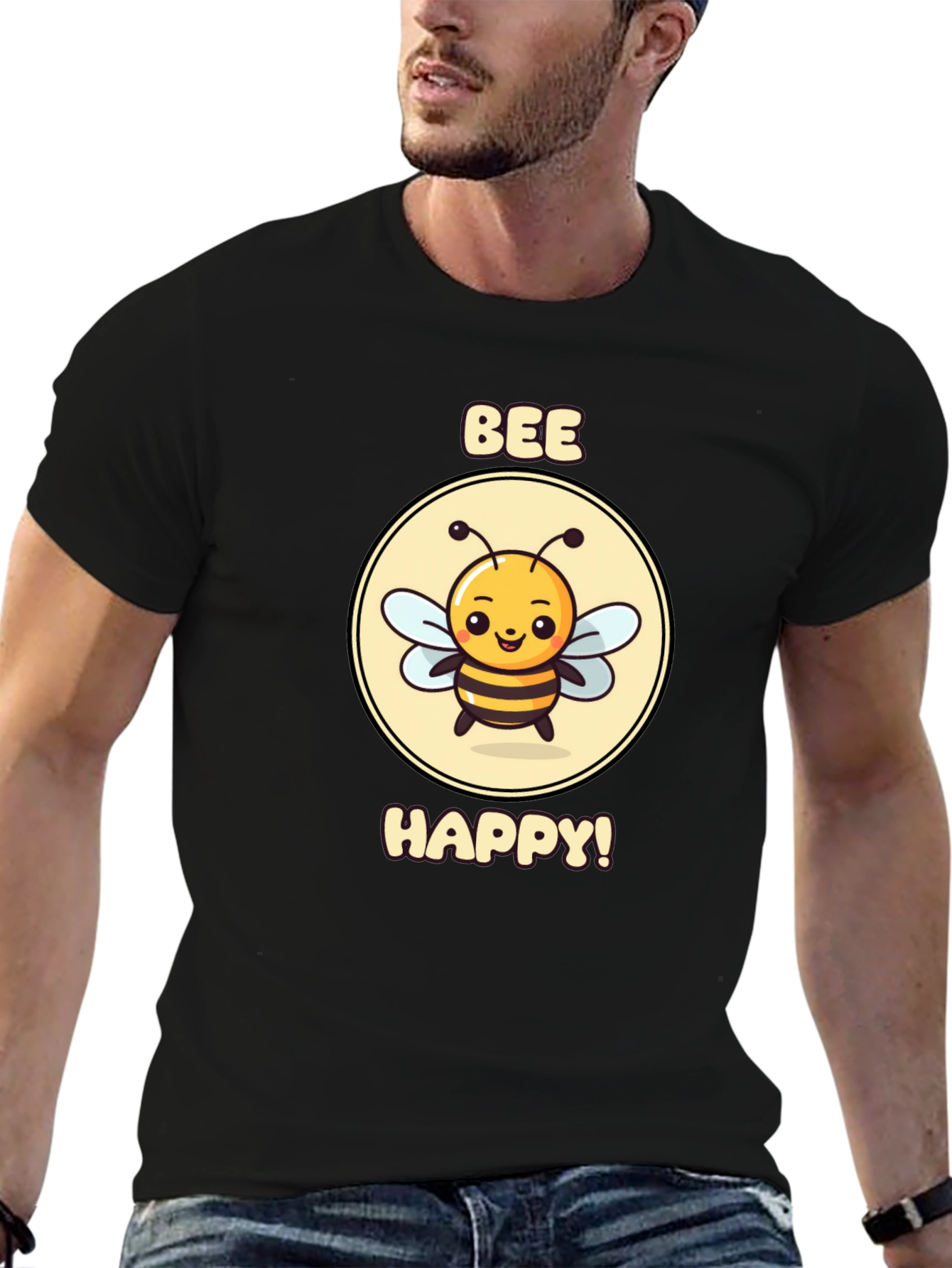 Bee Happy Graphic Tee - Black Cotton T-Shirt