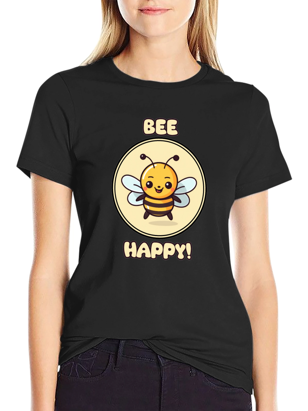 Bee Happy Graphic Tee - Black Cotton T-Shirt