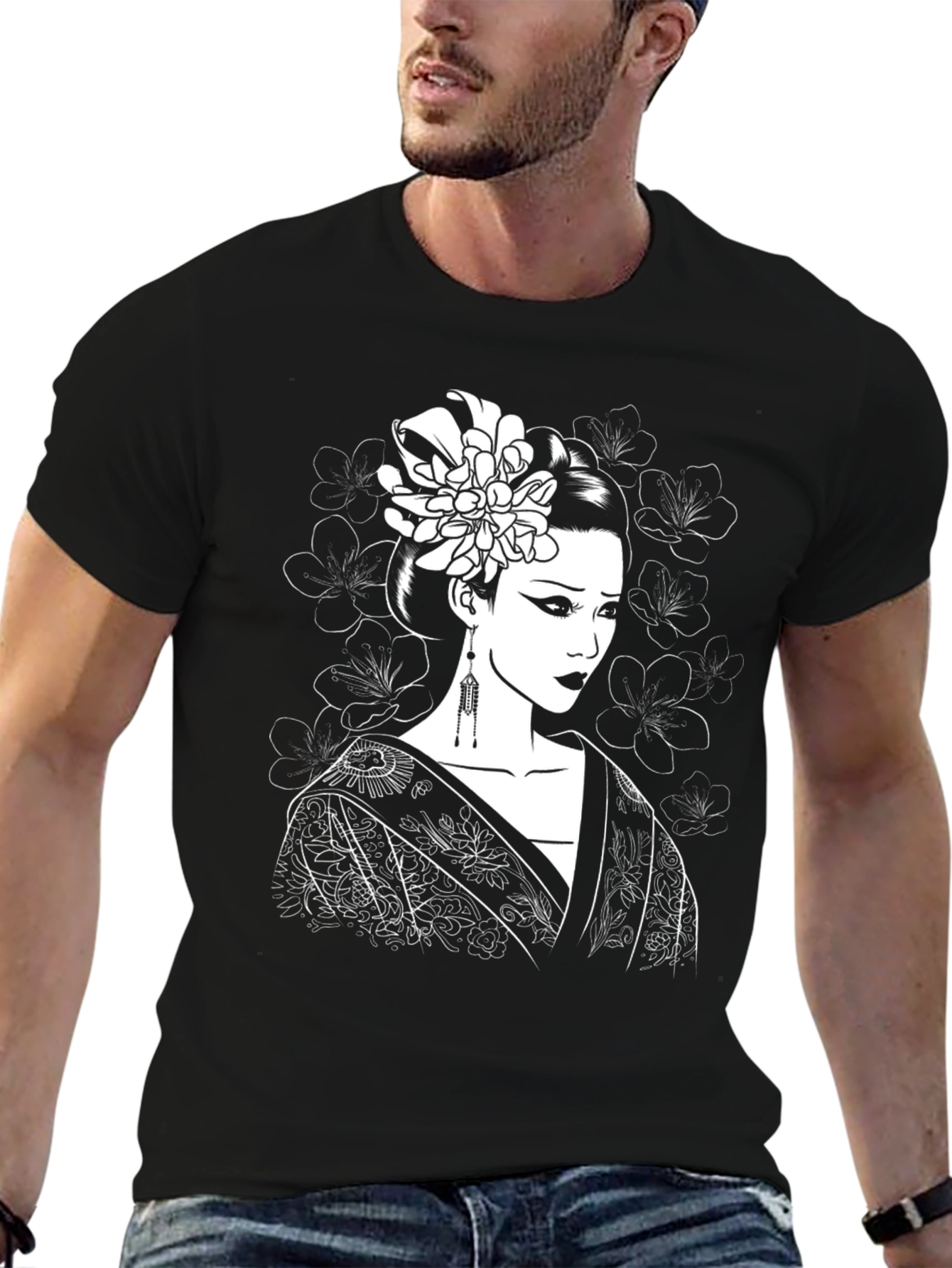 Geisha Graphic Tee - Black Cotton Blend Shirt