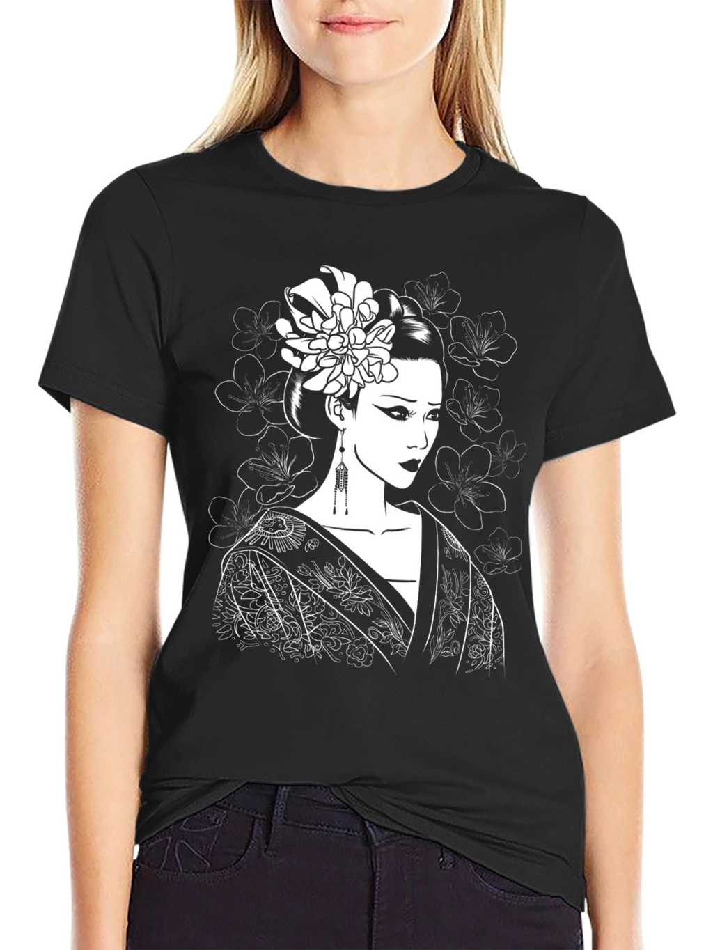 Geisha Graphic Tee - Black Cotton Blend Shirt