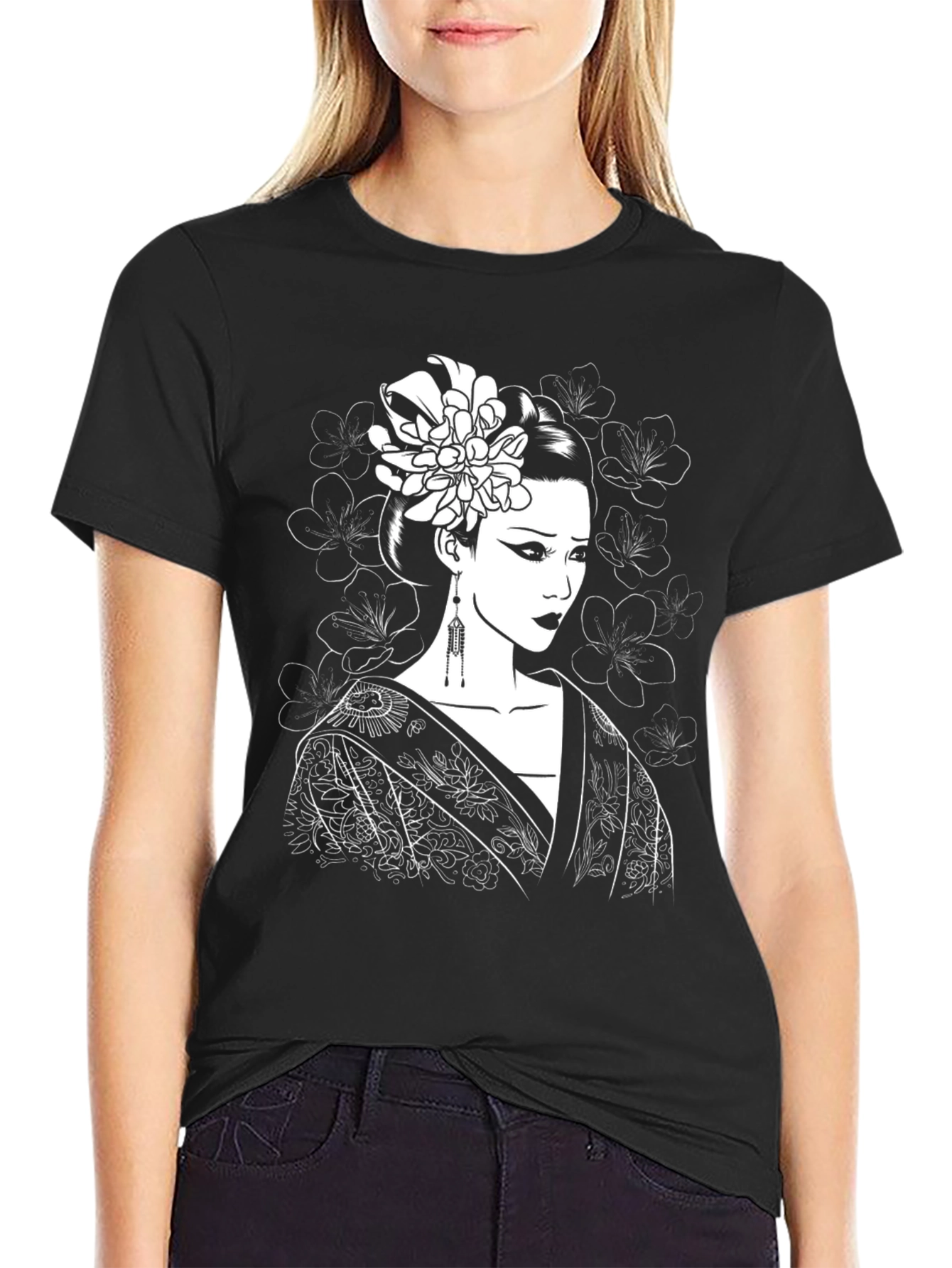 Geisha Graphic Tee - Black Cotton Blend Shirt