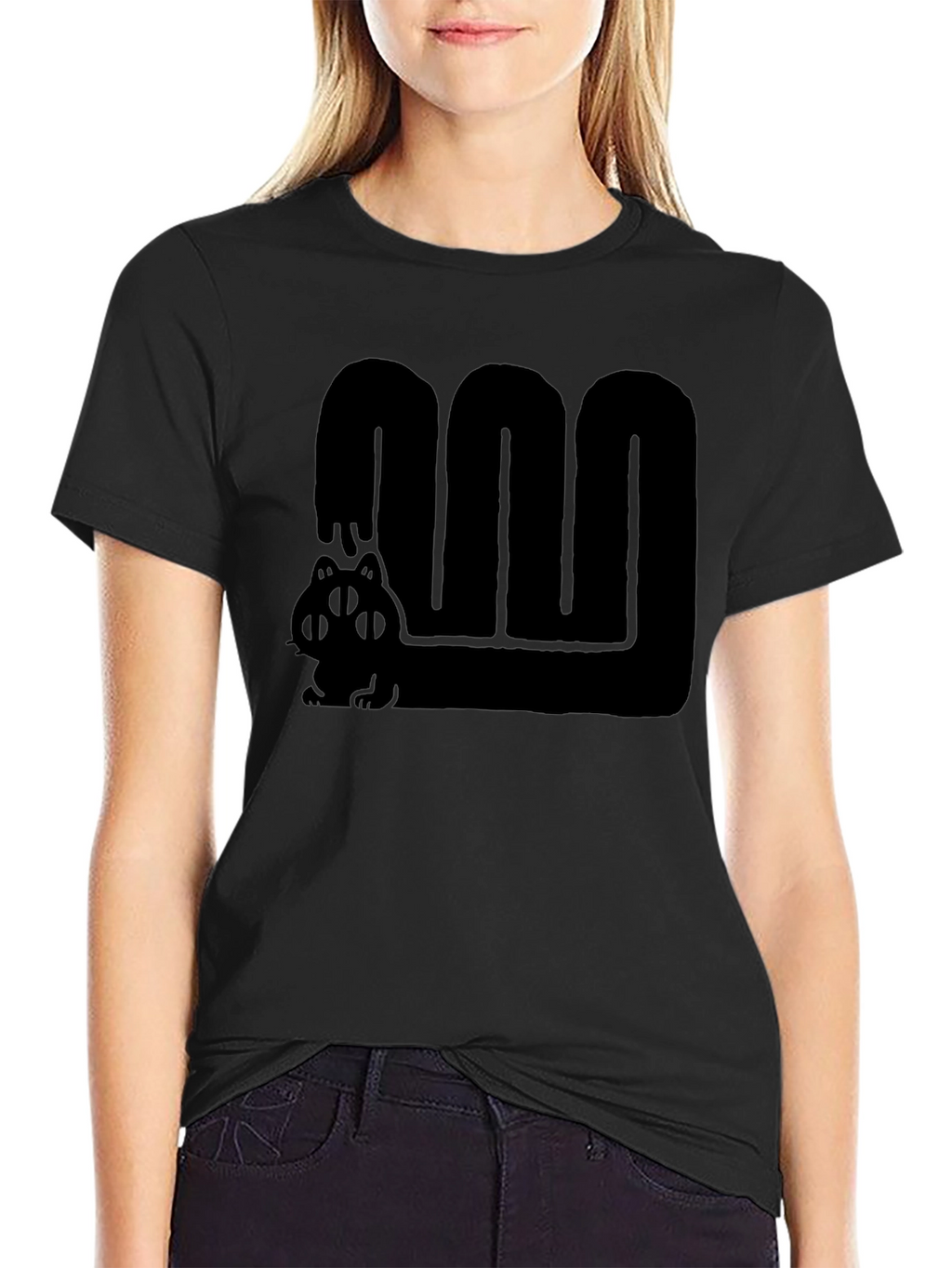 Black Graphic Tee - Cute Four Eyed Cat