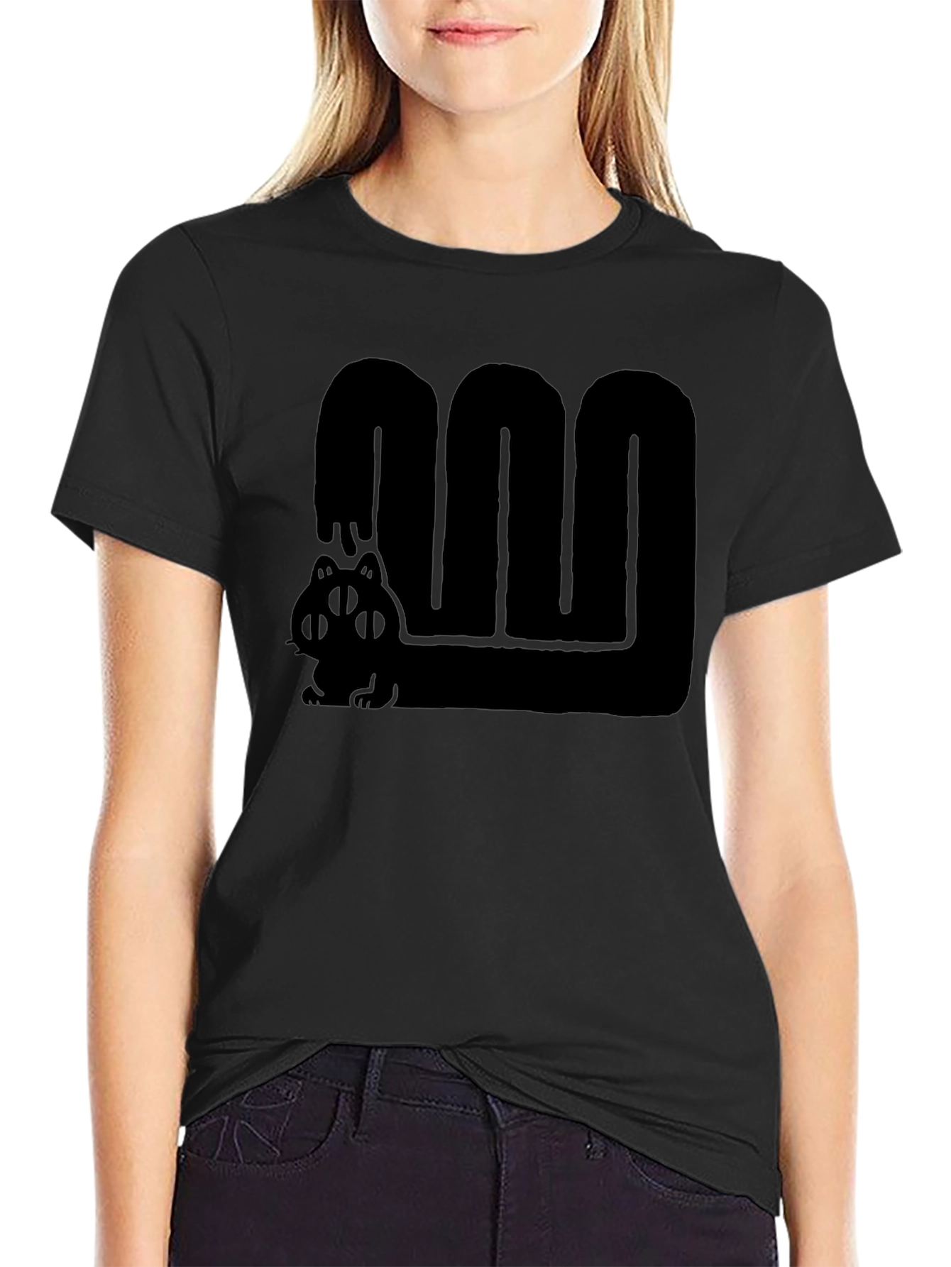 Black Graphic Tee - Cute Four Eyed Cat