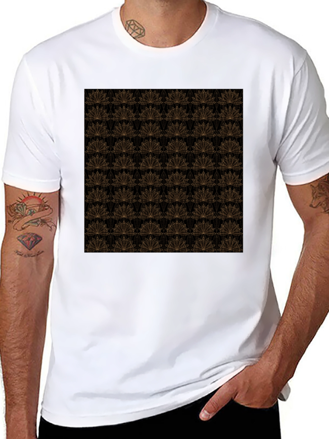 Elegant Black T-Shirt with Gold Floral Lotus Pattern
