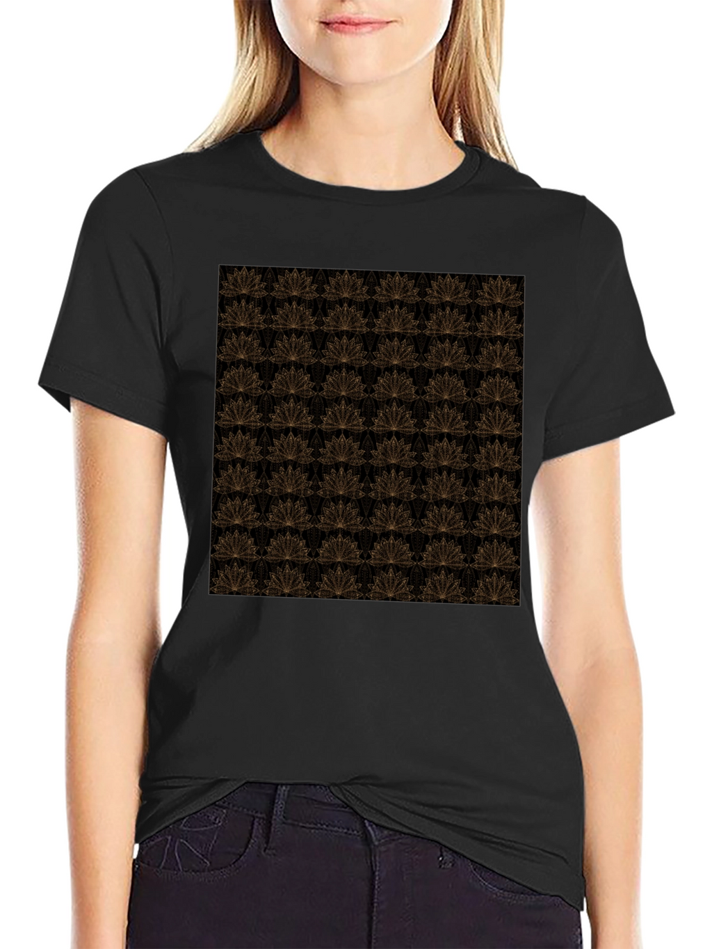 Elegant Black T-Shirt with Gold Floral Lotus Pattern