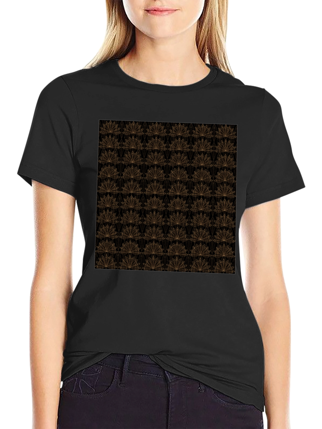 Elegant Black T-Shirt with Gold Floral Lotus Pattern