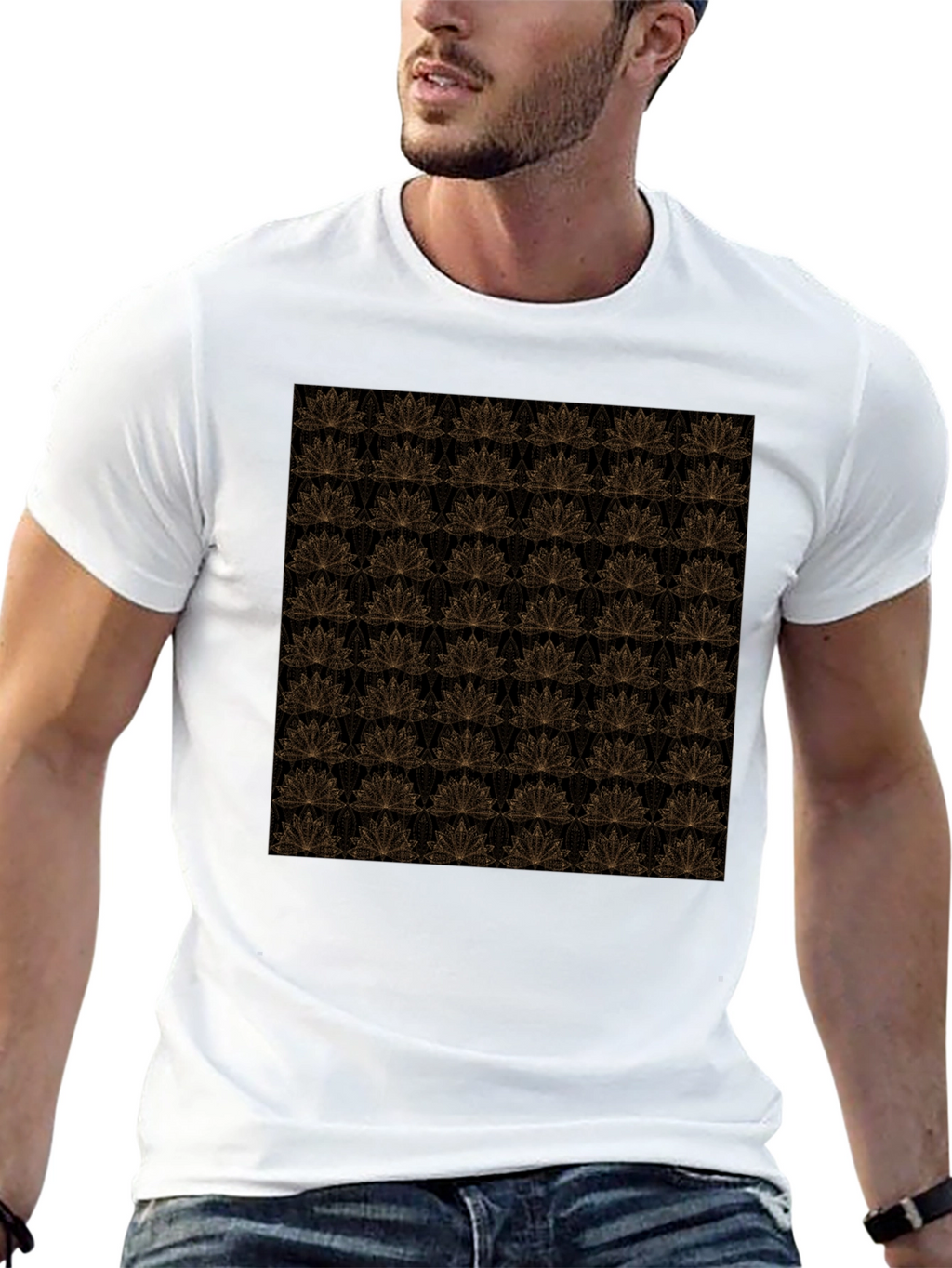 Elegant Black T-Shirt with Gold Floral Lotus Pattern