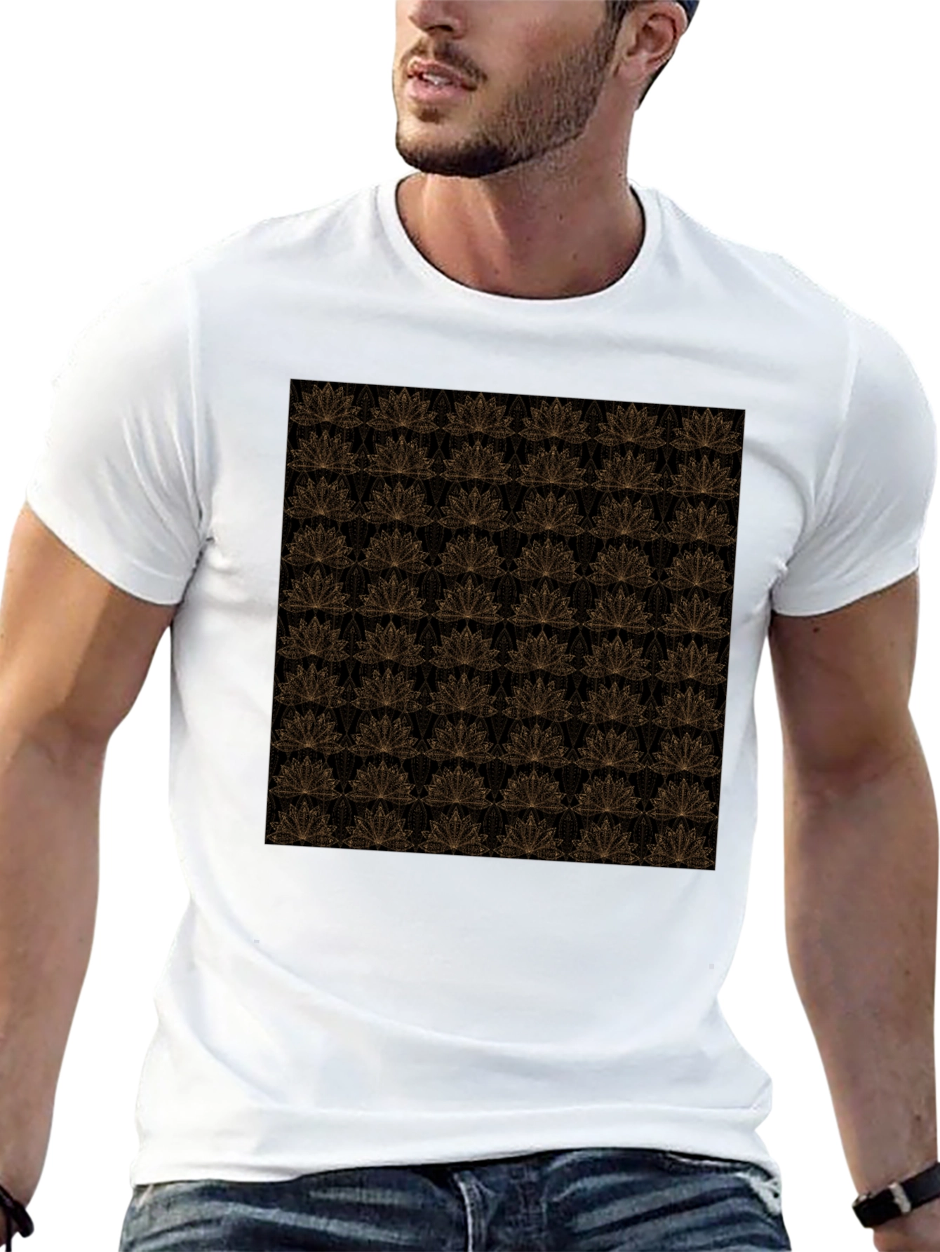 Elegant Black T-Shirt with Gold Floral Lotus Pattern
