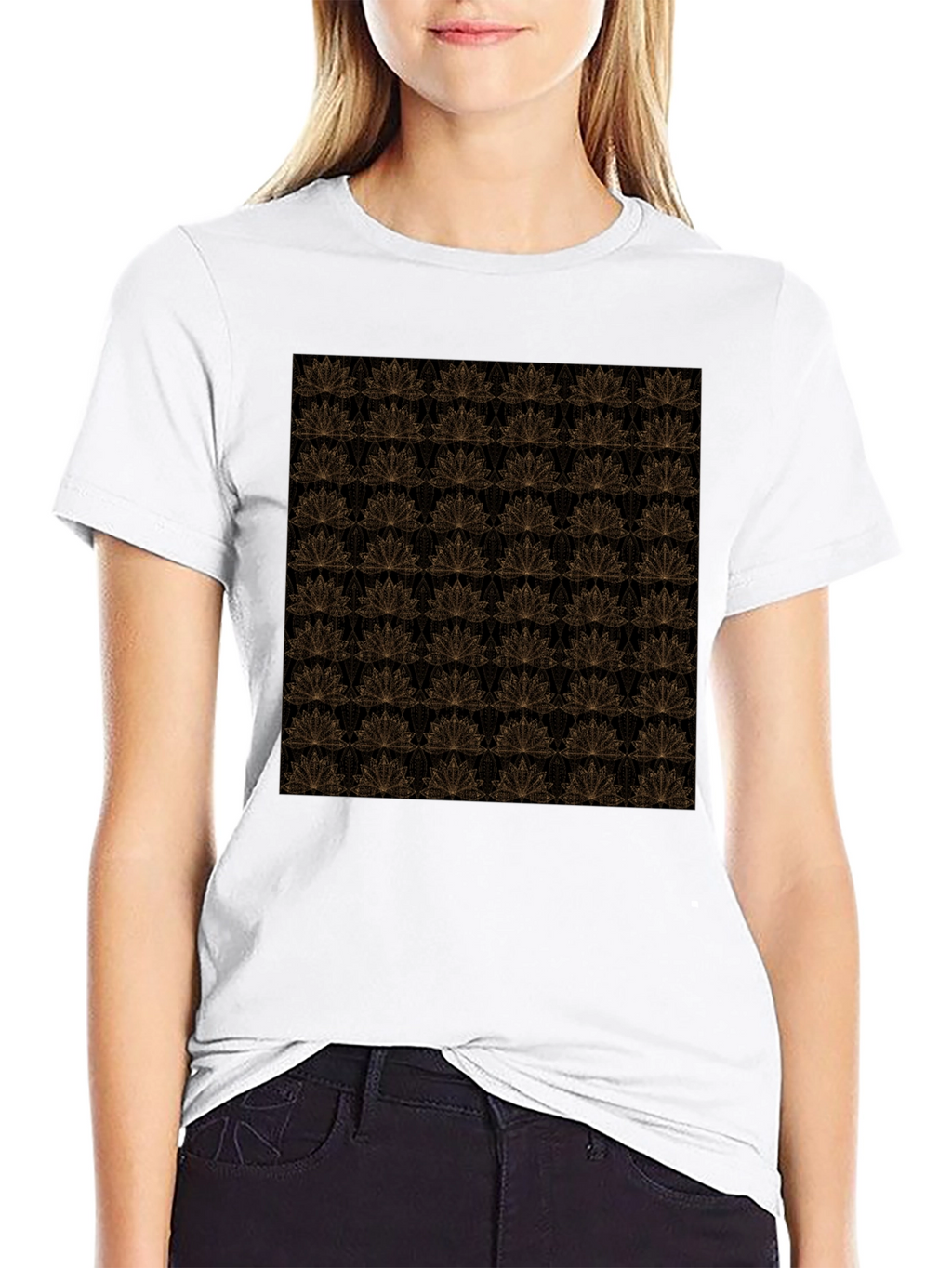 Elegant Black T-Shirt with Gold Floral Lotus Pattern