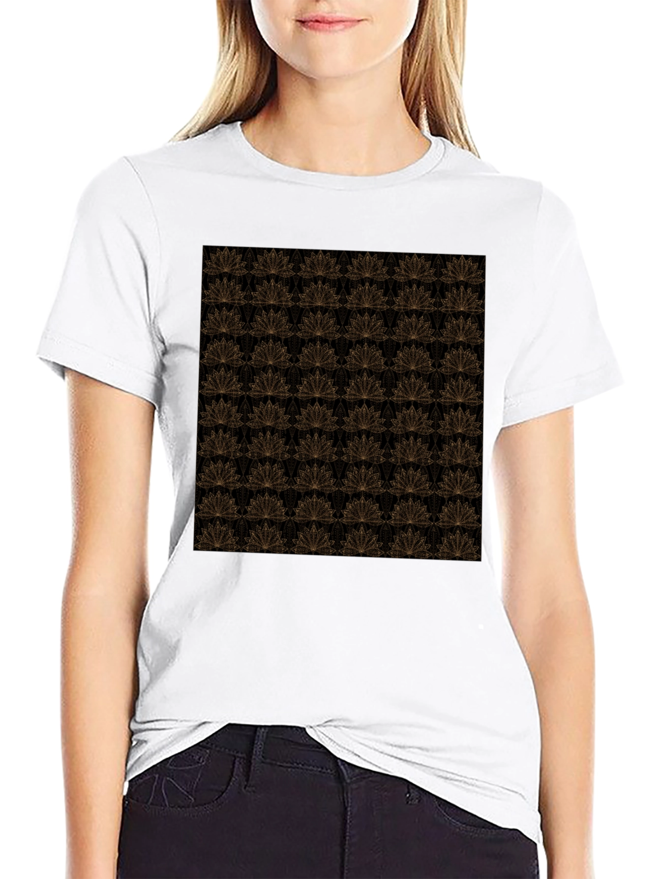 Elegant Black T-Shirt with Gold Floral Lotus Pattern