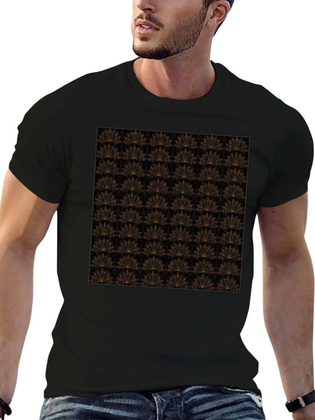 Elegant Black T-Shirt with Gold Floral Lotus Pattern