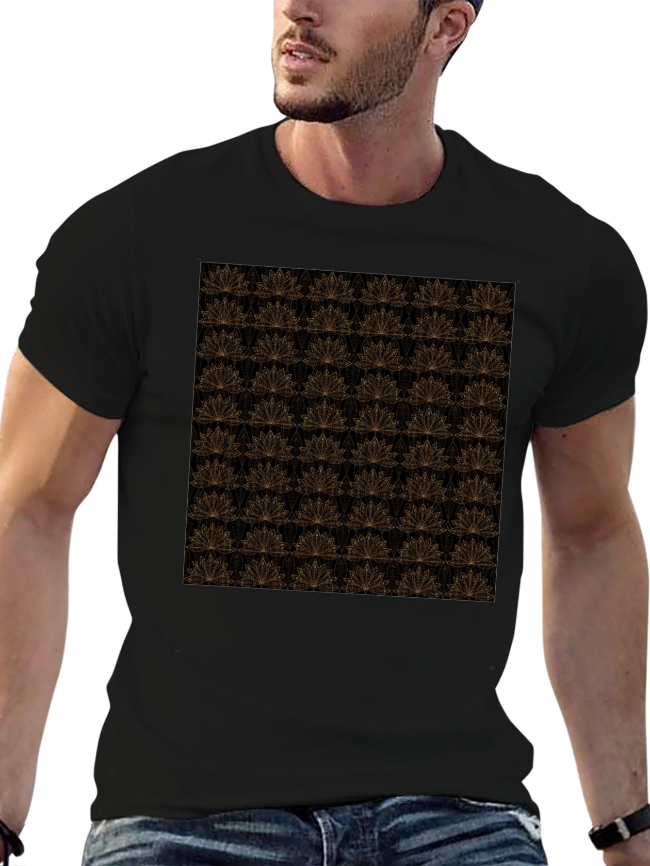 Elegant Black T-Shirt with Gold Floral Lotus Pattern