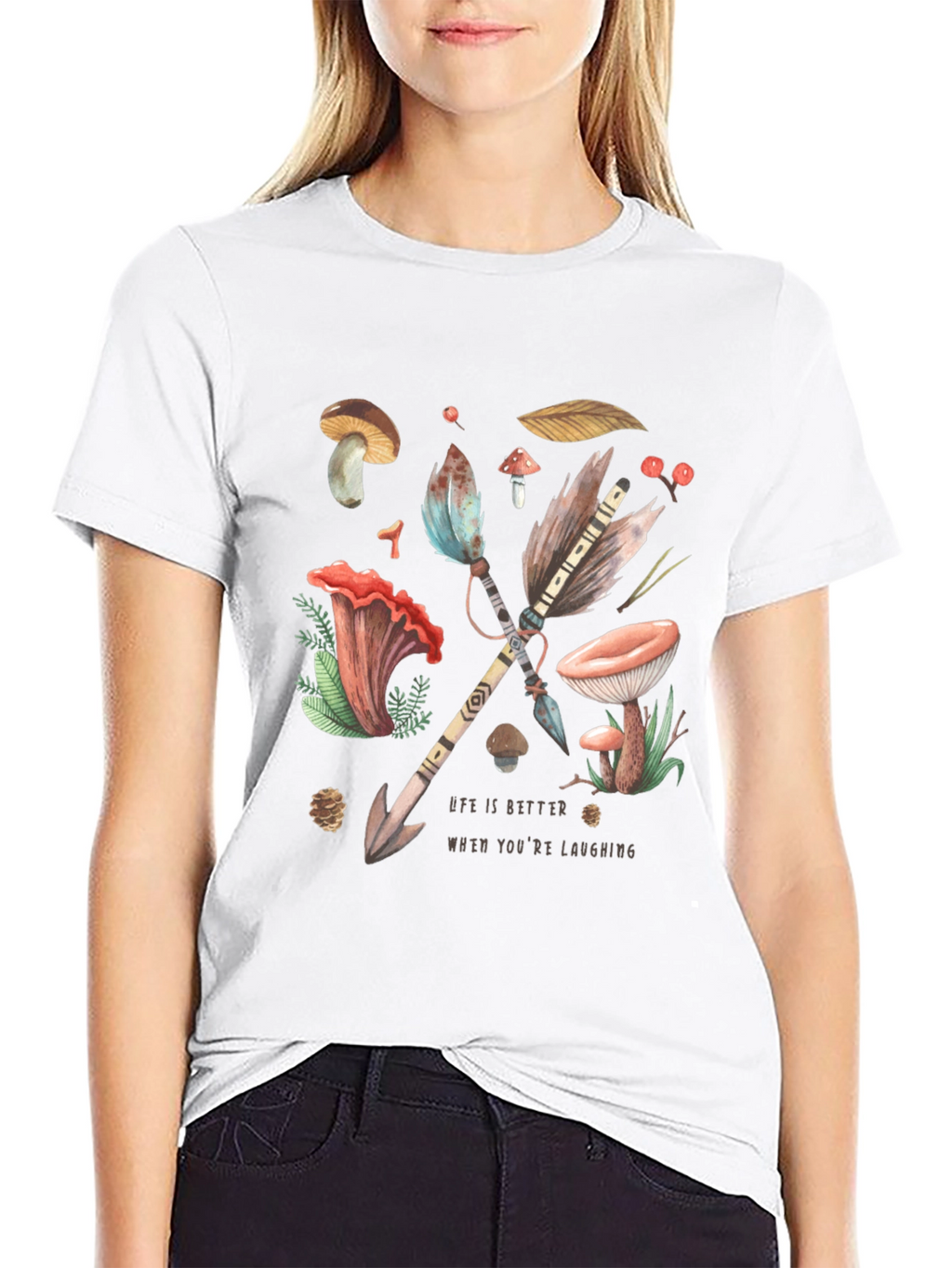 Whimsical Nature T-Shirt - Arrow & Mushroom Design