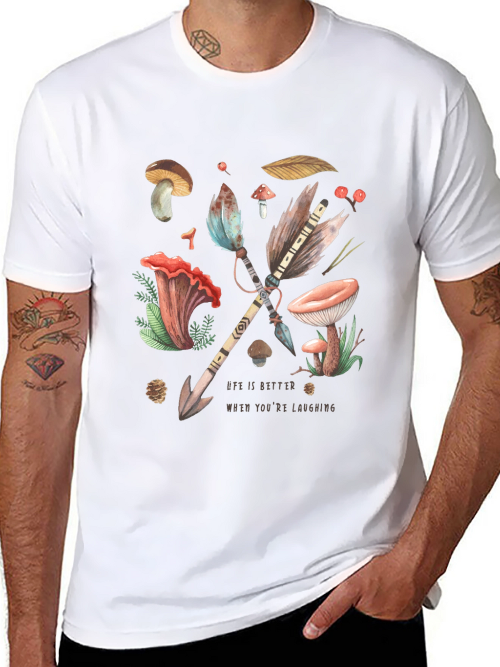 Whimsical Nature T-Shirt - Arrow & Mushroom Design