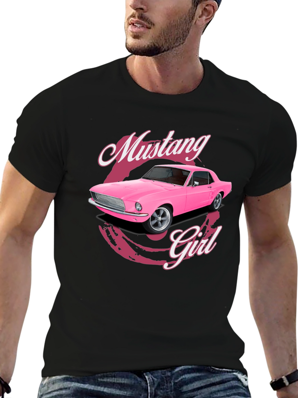 Pink Mustang Girl Black T-Shirt