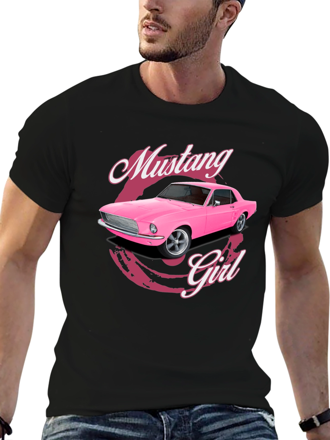 Pink Mustang Girl Black T-Shirt