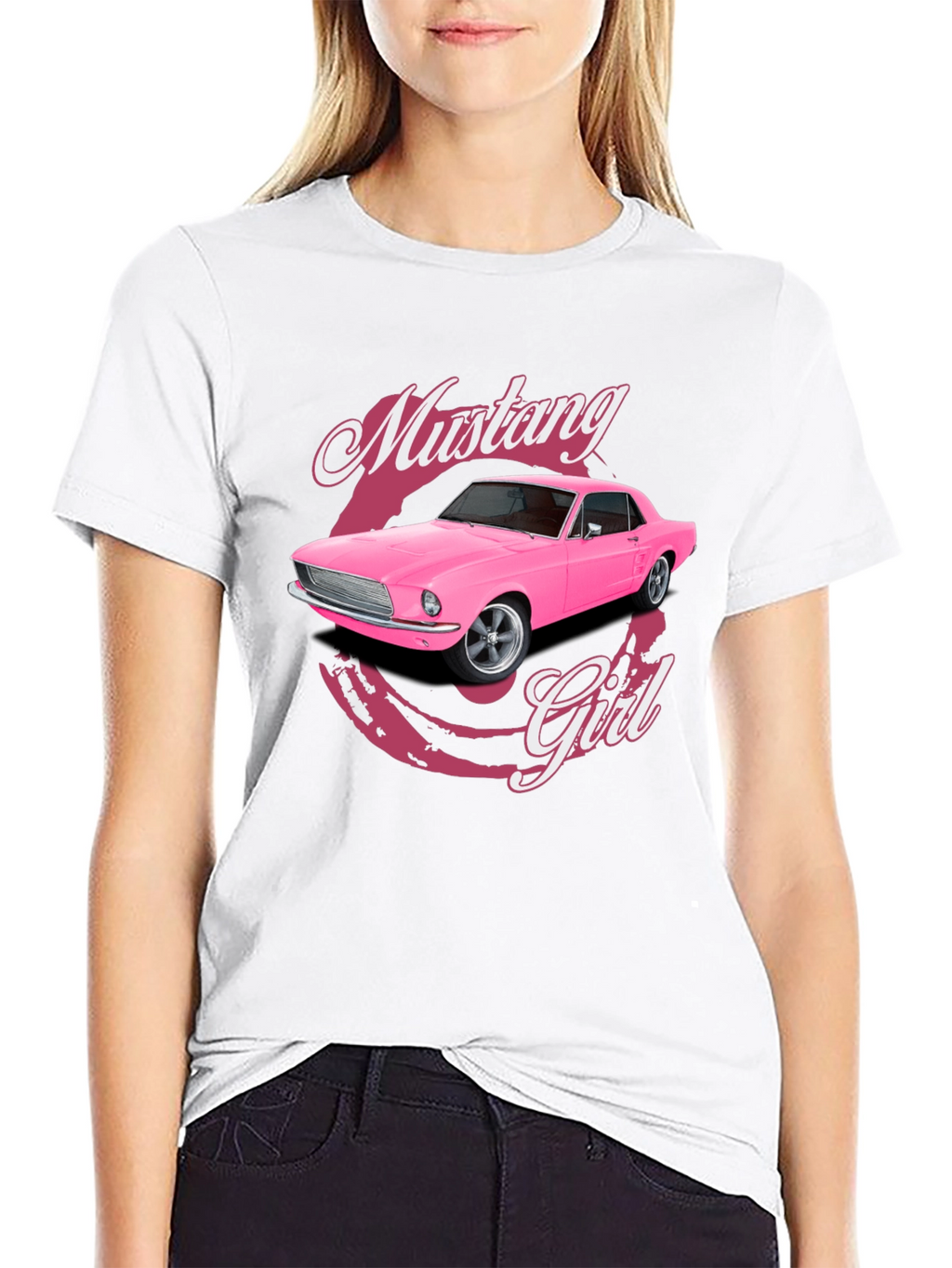 Pink Mustang Girl Black T-Shirt