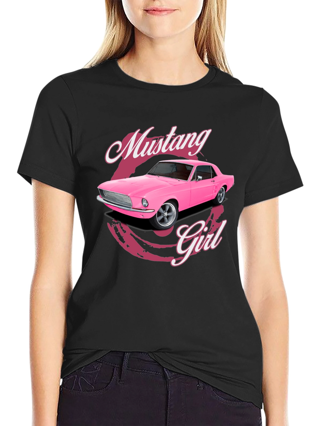 Pink Mustang Girl Black T-Shirt
