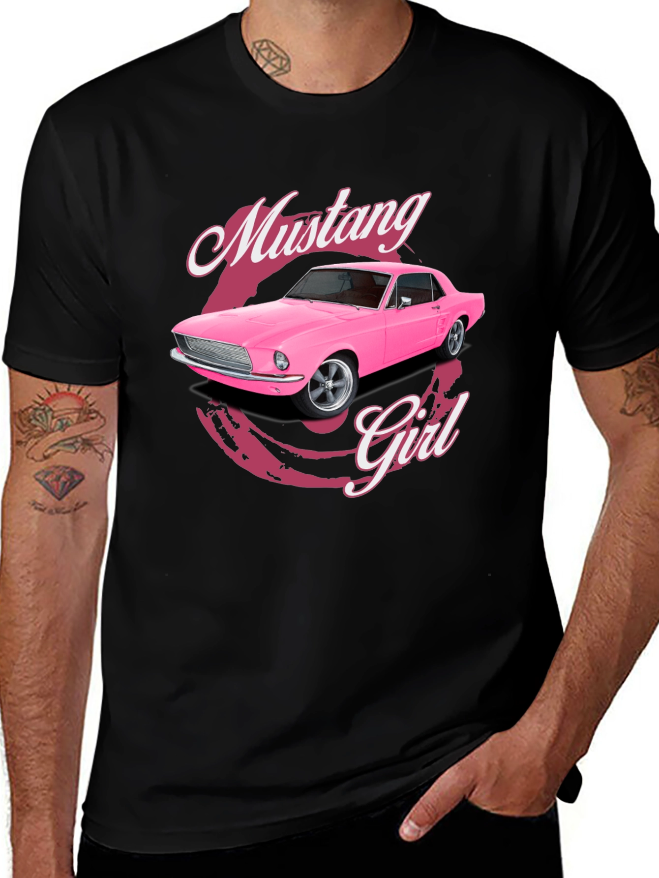 Pink Mustang Girl Black T-Shirt