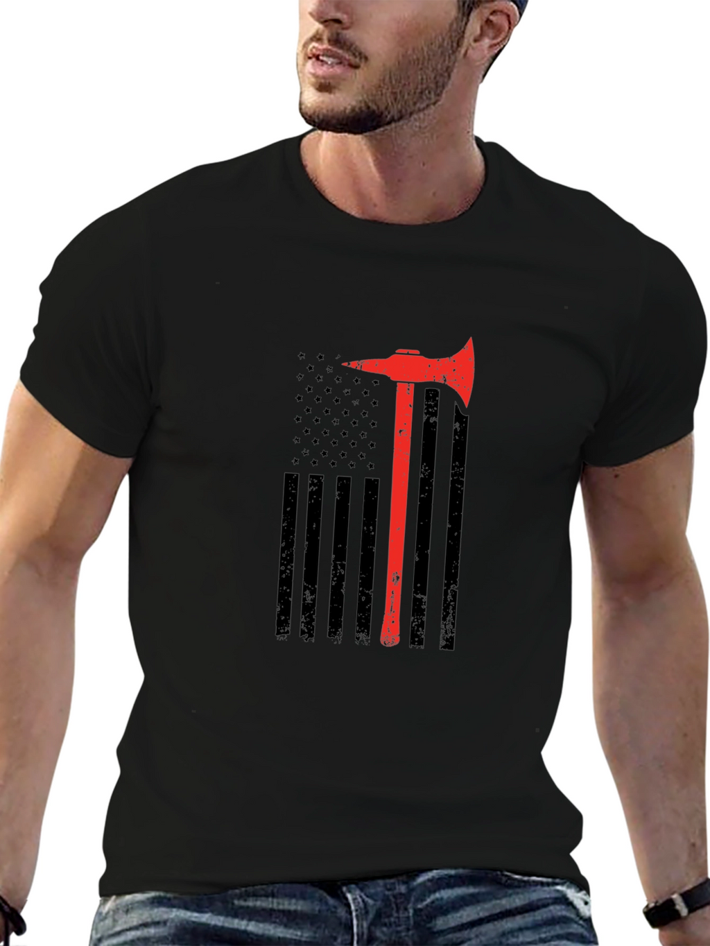 Firefighter Axe Flag T-Shirt - Patriotic Fireman Tee
