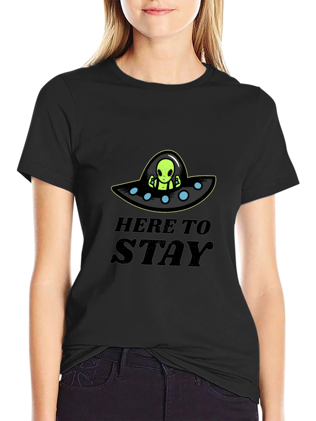 Here to Stay Alien UFO Graphic T-Shirt