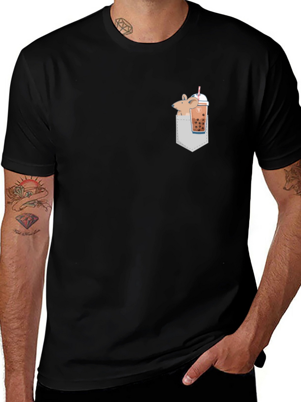 Novelty Mouse & Boba Pocket T-Shirt - Black