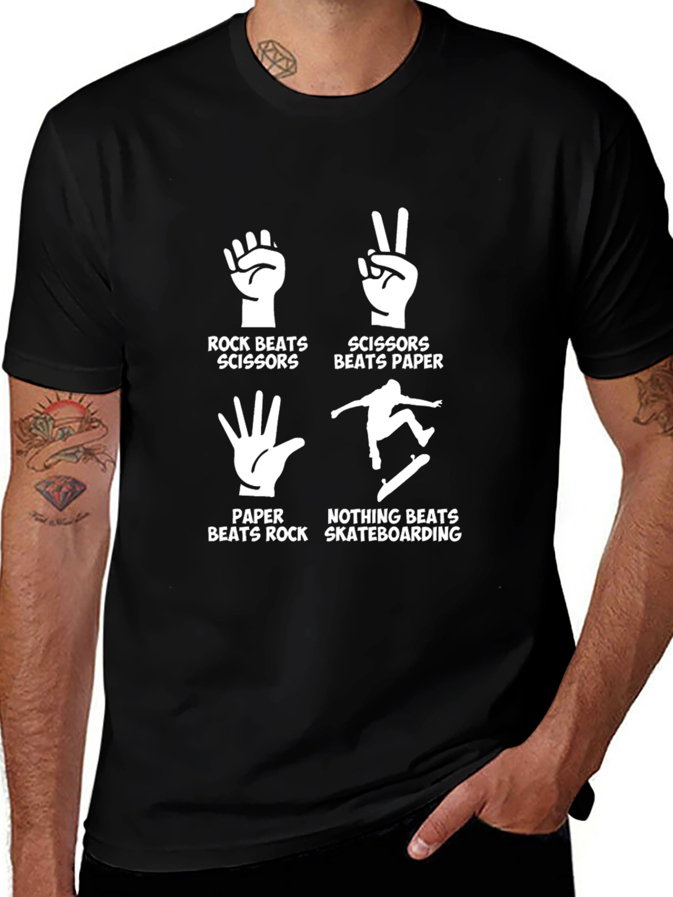 Rock Paper Scissors Skateboarding Black T-Shirt
