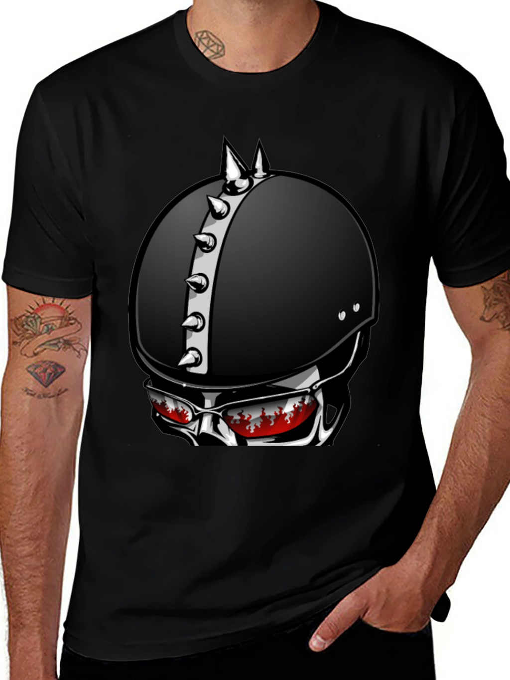 Edgy Helmet Skull Graphic Tee - Mens Black T-Shirt