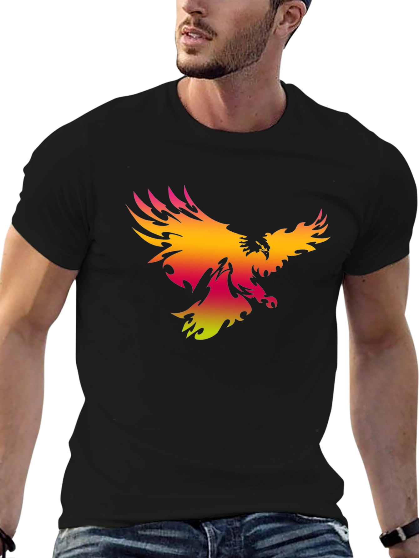 Mens Black T-Shirt with Gradient Phoenix Print