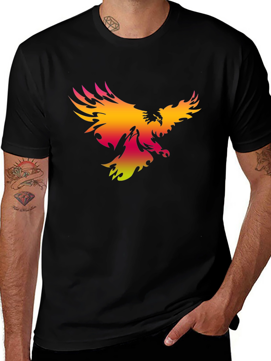 Mens Black T-Shirt with Gradient Phoenix Print