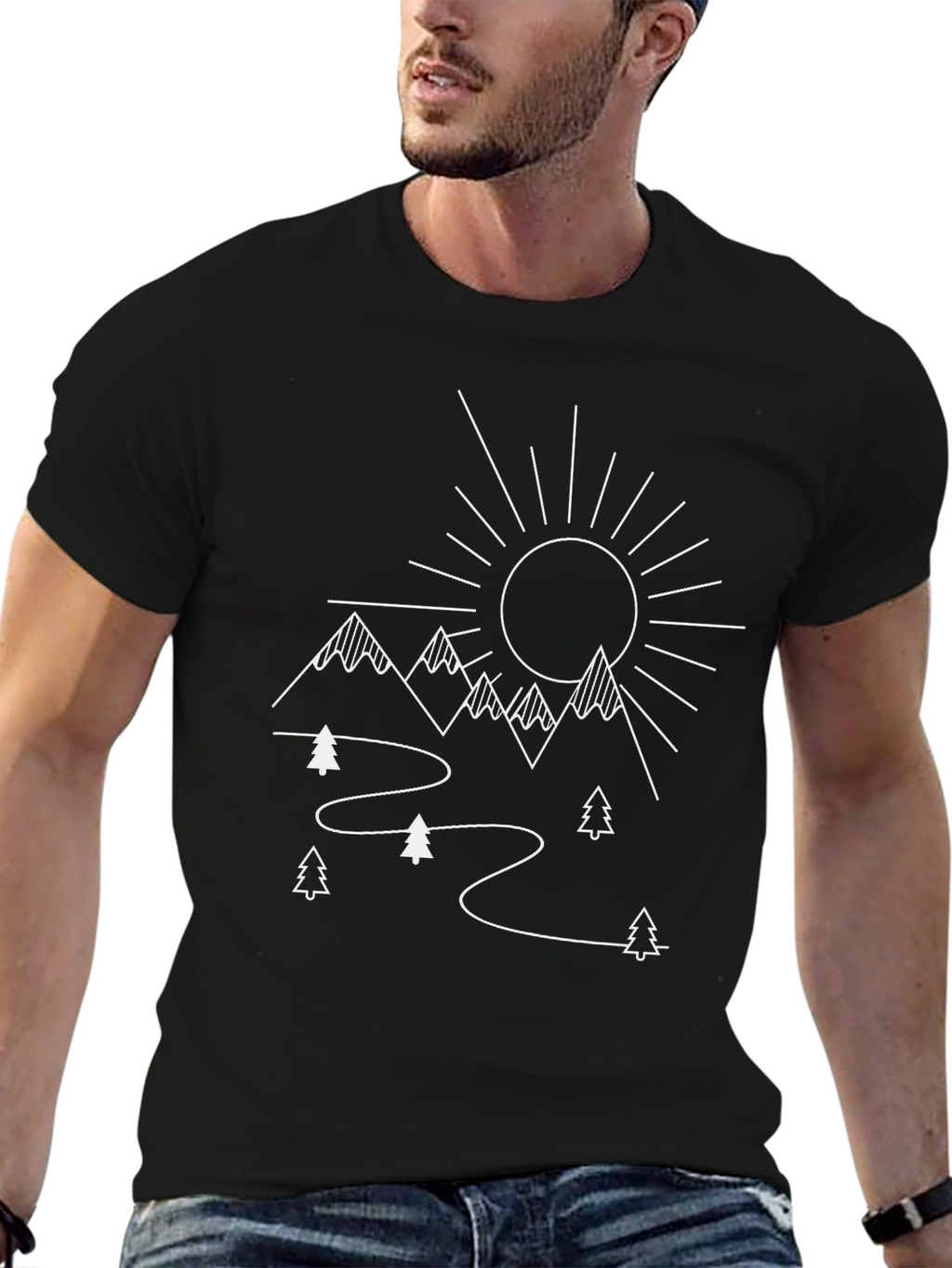 Mountain Scene Graphic Tee - Black Cotton T-Shirt
